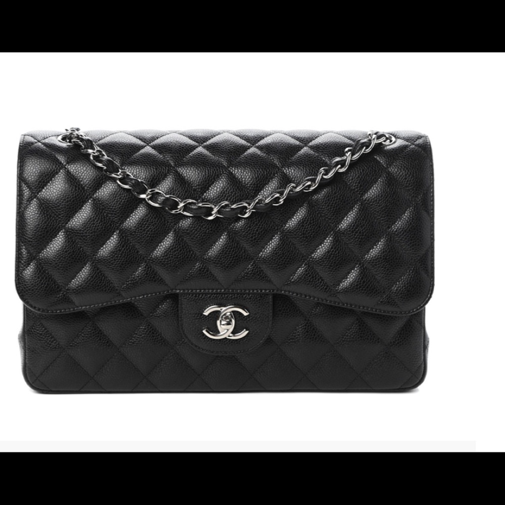 Chanel Classic Handbag - Large/Jumbo Caviar Quilted Flap Black Silver Hardware
